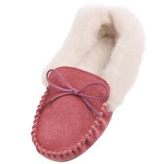 LADIES GENUINE SUEDE AND LAMBSWOOL MOCCASIN SLIPPERS WITH PVC SOLE HANDMADE IN THE UK