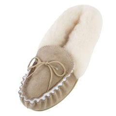 LADIES GENUINE SUEDE AND LAMBSWOOL MOCCASIN SLIPPERS WITH PVC SOLE HANDMADE IN THE UK - BEIGE